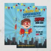 Superhero Invitation Garçons Blue Girls Super Part (Devant / Derrière)