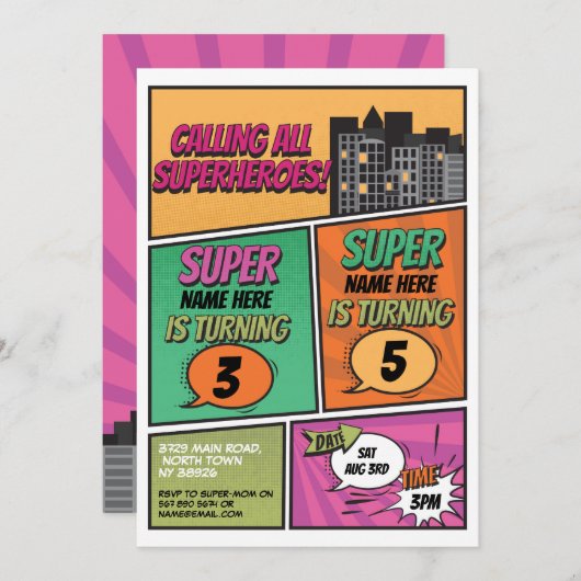 Superhero Invitation partagée Parti mixte Pink Com (Devant / Derrière)