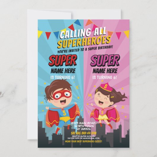 Superhero Invitation Pink Blue Joint Boy Girl (Devant)