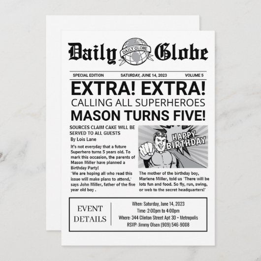 Superhero Journal Invitation d'anniversaire (Devant / Derrière)