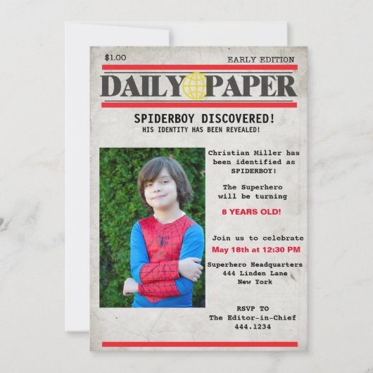 Superhero Newspaper Invitation d'anniversaire (Devant)