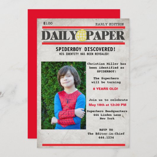 Superhero Newspaper Invitation d'anniversaire (Devant / Derrière)