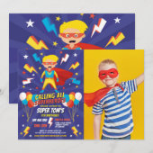 Superhero Party Invitation garçons Blue Photo Supe (Devant / Derrière)