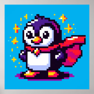 Superhero Penguin Schattige Pixel Art Karakterontw Poster