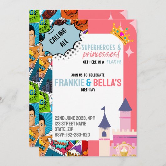 Superhero & Princesse Custom Invitations d'anniver (Devant / Derrière)