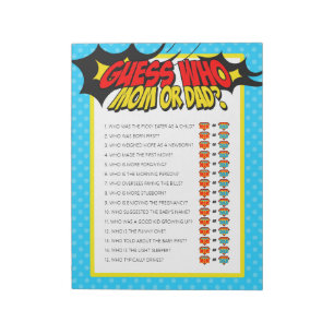 Superhero Raad Wie Baby shower Game Pack Notitieblok