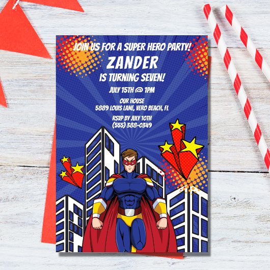 Superhero Skyline Jongen Verjaardagsfeestuitnodigi Kaart