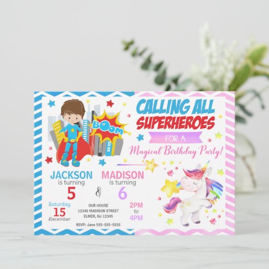 Superhero & Unicorn Joint Birthday Invitation (Debout devant)