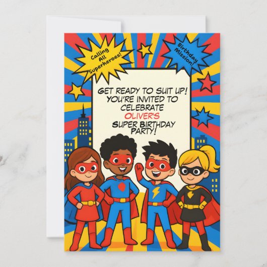 Superheroes Birthday Invitation – Custom 5x7 Card (Devant)