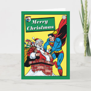 Superman die de kerstman in de schoorsteen helpt feestdagen kaart
