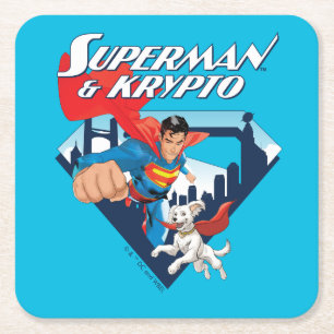 Superman en Krypto stijgen Vierkante Kartonnen Onderzetter