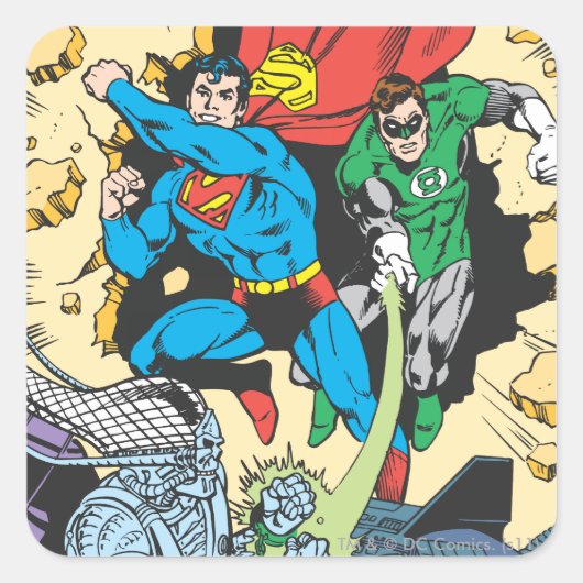 Superman & Green Lantern Fight Brainiac Vierkante Sticker (Voorkant)