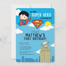 Superman Super Hero First Birthday Uitnodiging