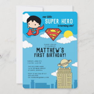 Superman Super Hero First Birthday Uitnodiging