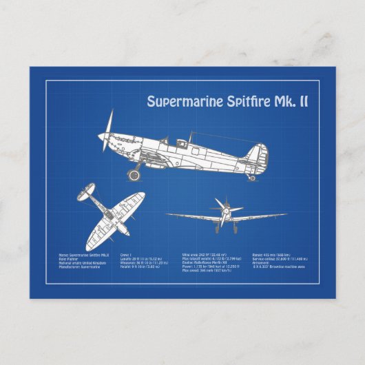 Supermarine Spitfire - Vliegtuigblauwdruk ABD Briefkaart (Voorkant)