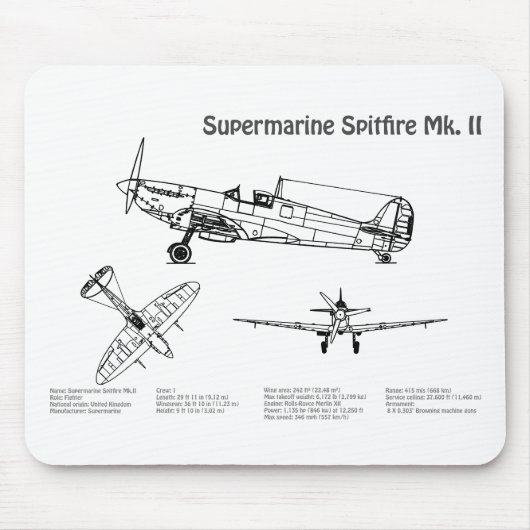 Supermarine Spitfire - Vliegtuigblauwdruk BD Muismat (Voorkant)