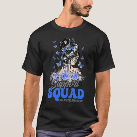 Support Squad Messy Bun Butterfly Diabetes Awarene T-shirt (Voorkant)
