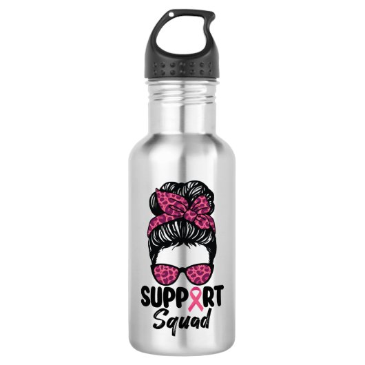 Support Squad Messy Bun Pink Warrior Breast Cancer Waterfles (Voorkant)