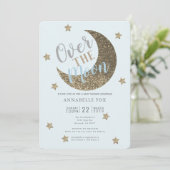 Sur la Lune Baby shower bleu or Invitation (Debout devant)