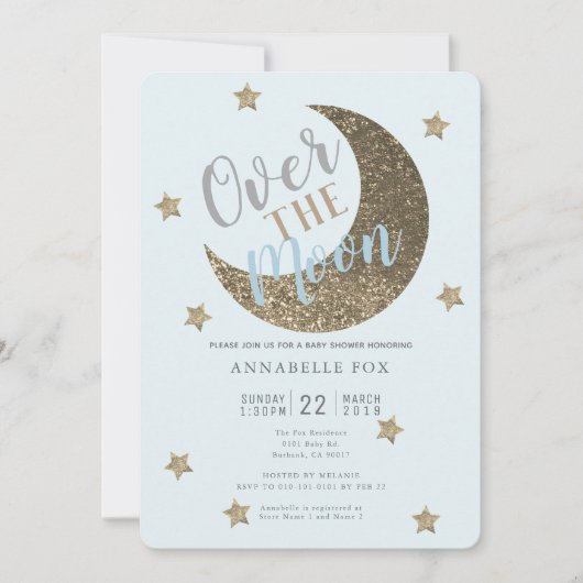 Sur la Lune Baby shower bleu or Invitation (Devant)