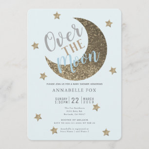 Sur la Lune Baby shower bleu or Invitation