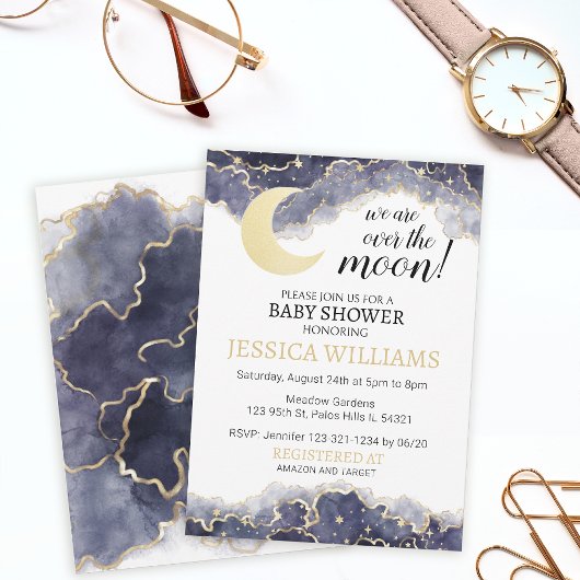 Sur la lune baby shower d'or invitation