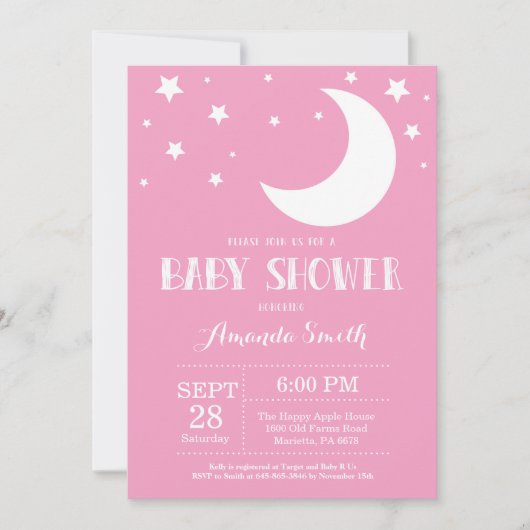 Sur la Lune Baby shower Invitation rose (Devant)