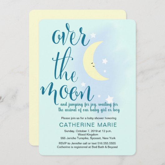 Sur la lune, étoiles, invitations à la douche bébé (Devant / Derrière)