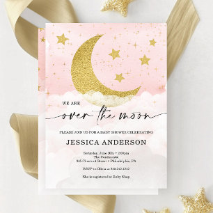 Sur la lune fille Baby shower rose Invitation