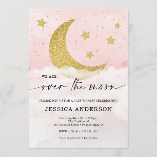 Sur la lune fille Baby shower rose Invitation (Devant)