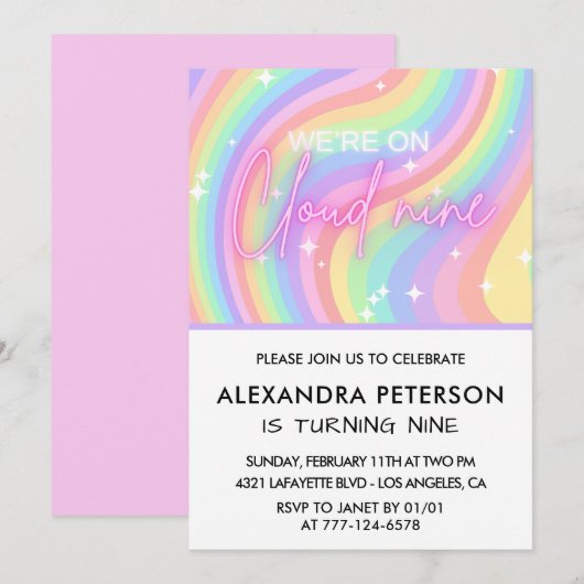 Sur le nuage 9 Invitation Anniversaire Rose magiqu (Devant / Derrière)