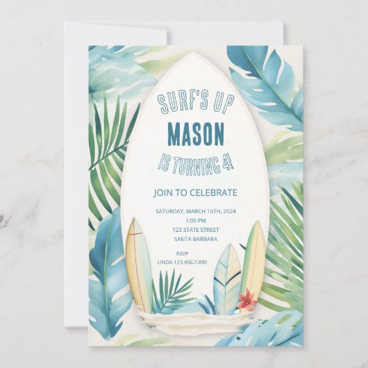 Surf Anniversaire Invitation en bleu (Devant)