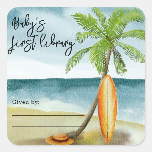 Surf Beach - Baby's eerste bibliotheek Vierkante Sticker (Voorkant)