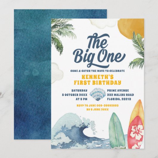 Surf Beach Summer Big One First Birthday Invitatio Kaart (Voorkant / Achterkant)