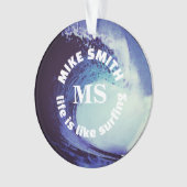 Surf Blue Wave Aangepaste naam Ornament (voorkant)