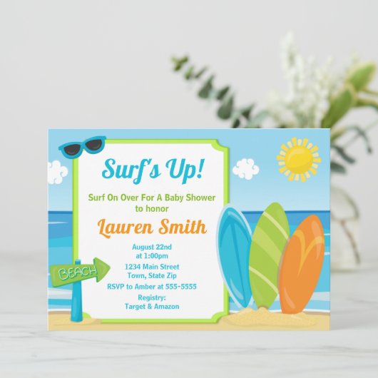 Surf Board Baby shower Invitation Surfer Boy (Debout devant)