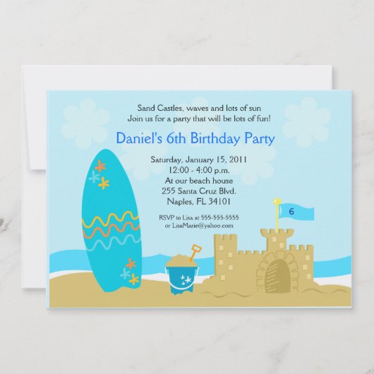SURF BOARD BEACH SAND CASTLE 5x7 Custom Invitation (Devant)