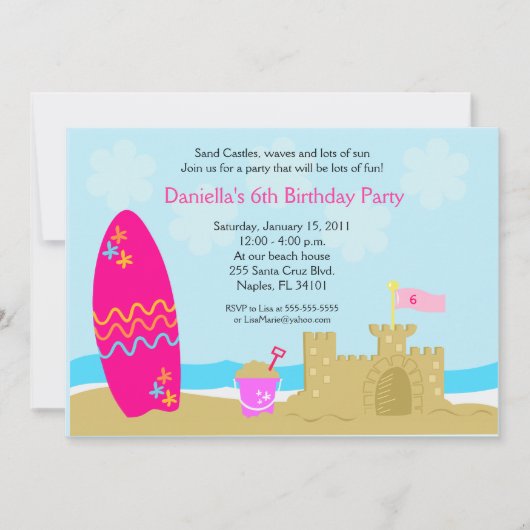 SURF BOARD BEACH SAND CASTLE 5x7 Custom Invitation (Devant)