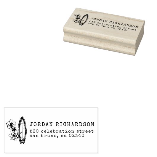 Surf Board & Hibiscus Aangepaste Naam & Retouradre Rubberstempel (Gestempeld)