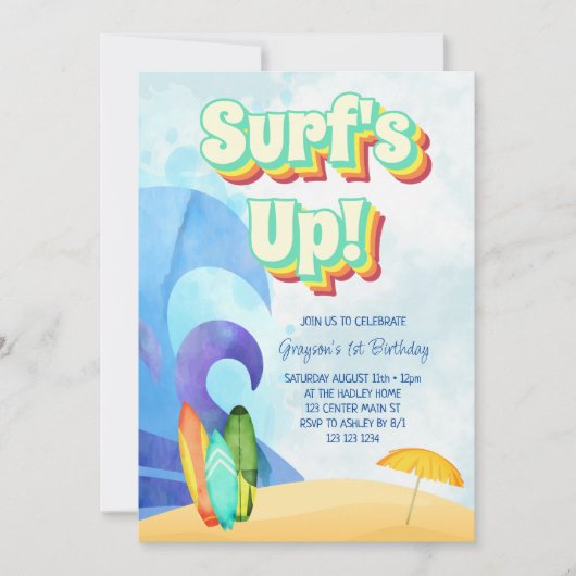 Surf Omhoog Retro Beach Eerste Verjaardag Kaart (Voorkant)