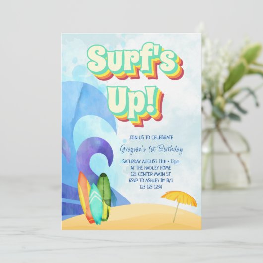 Surf Omhoog Retro Beach Eerste Verjaardag Kaart (Staand voorkant)