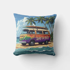 Surf Or Bust Groovy Retro Hippie Surfer Beach Bus Kussen