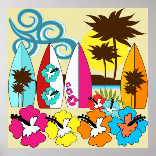 Surf Shop Surfred Ocean Beach Surfboards Palm Tree Poster