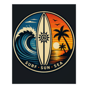 Surf Sun Sea Vintage Badge – Surfplank Zonsonderga Perfect Poster