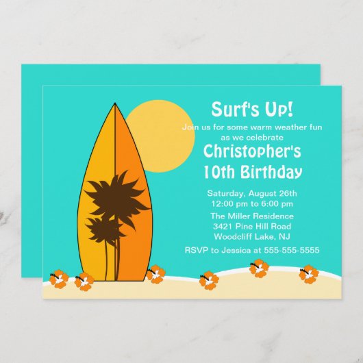 Surf  Surf Nage Invitation d'anniversaire (Devant / Derrière)