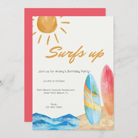 Surf Up Beach Invitation d'anniversaire (Devant / Derrière)