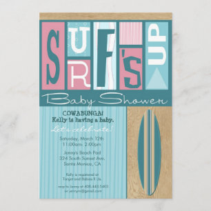 Surf Up Retro Baby shower Uitnodiging - Roze