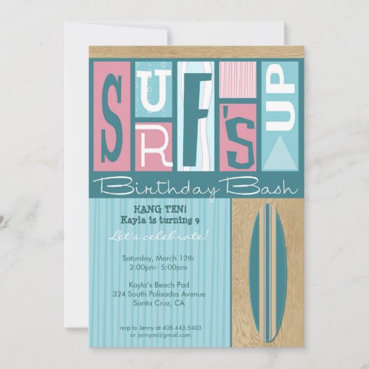 Surf vers le haut de rétro invitation de fête (Devant)