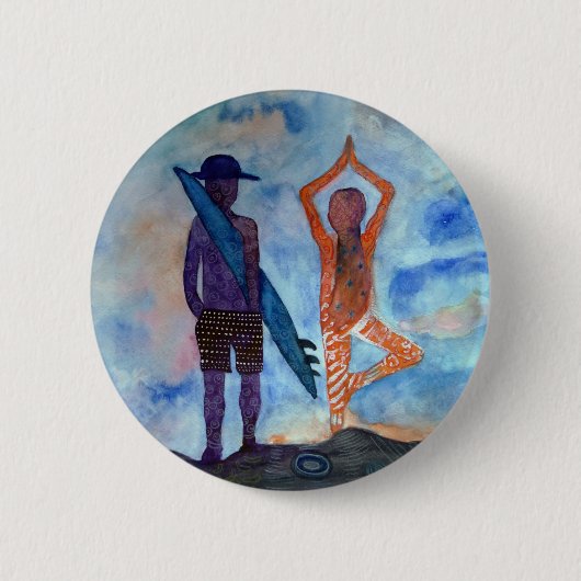 Surf Yoga Coucher de soleil Dessin Boho Badge (Devant)