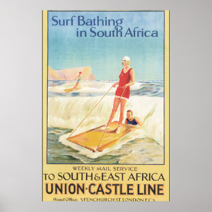 Surf zwemmen in Zuid-Afrika Vintage Travel Poster